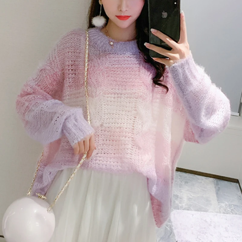 

Rainbow Gradient Color Long sleeves Loose Oversized Sweater 2020 Spring Knitted Sweaters Thin Women Sweaters And Skirts 1623A