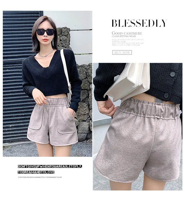 2021 New Spring Autumn British Style Woolen Casual Shorts Black Khaki Brown High Waist Casual Shorts for Woman Shorts short pants