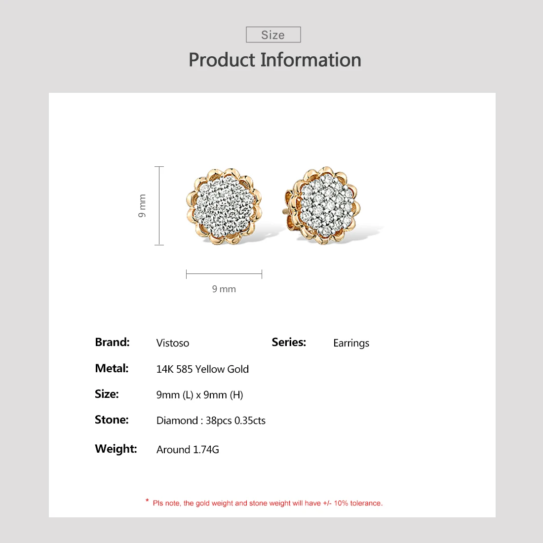 VISTOSO Gold Earrings For Women 14K 585 Yellow Gold Sparkling Diamond Dainty Sunflower Stud Earrings Fashion Trendy Fine Jewelry