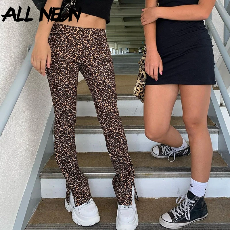 

ALLNeon Y2K Aesthetics Leopard Pattern Flare Pants Vintage E-girl Printing High Waist Slit Long Pants 90s Fashion Indie Trousers