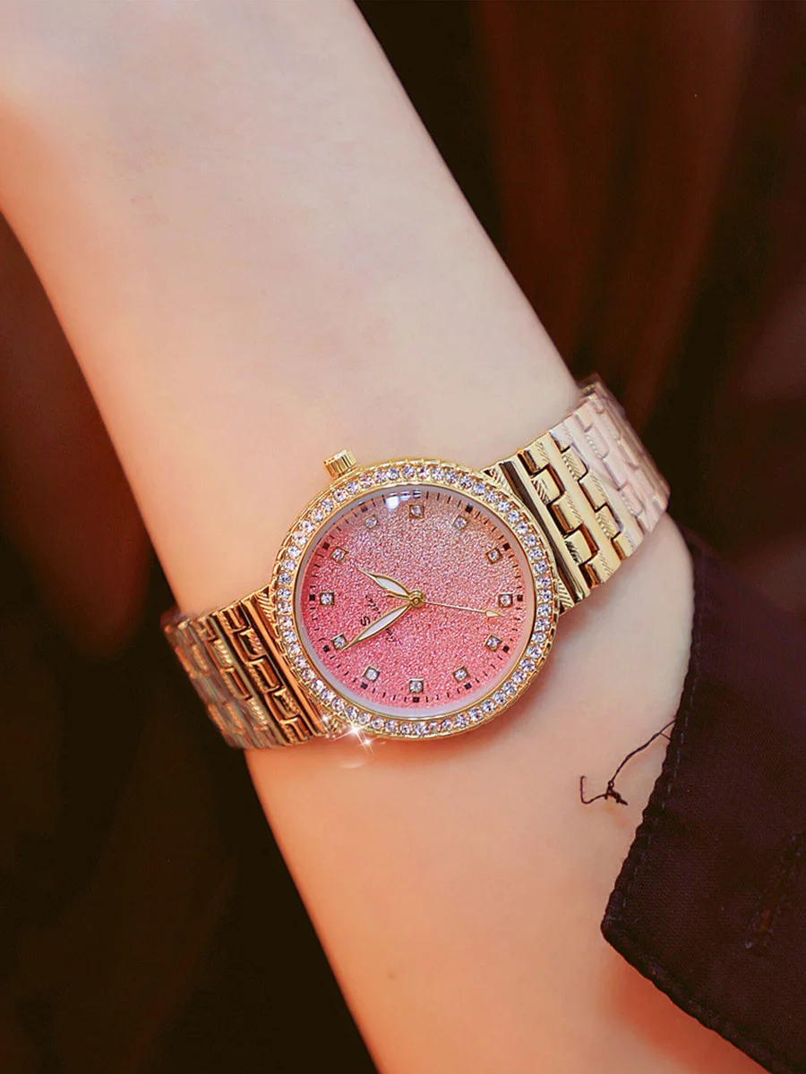 

Gradient Color Watch Shimmering Powder Diamond-embedded Watch Creative Fashion Stainless Steel Quartz Watch Students Watch