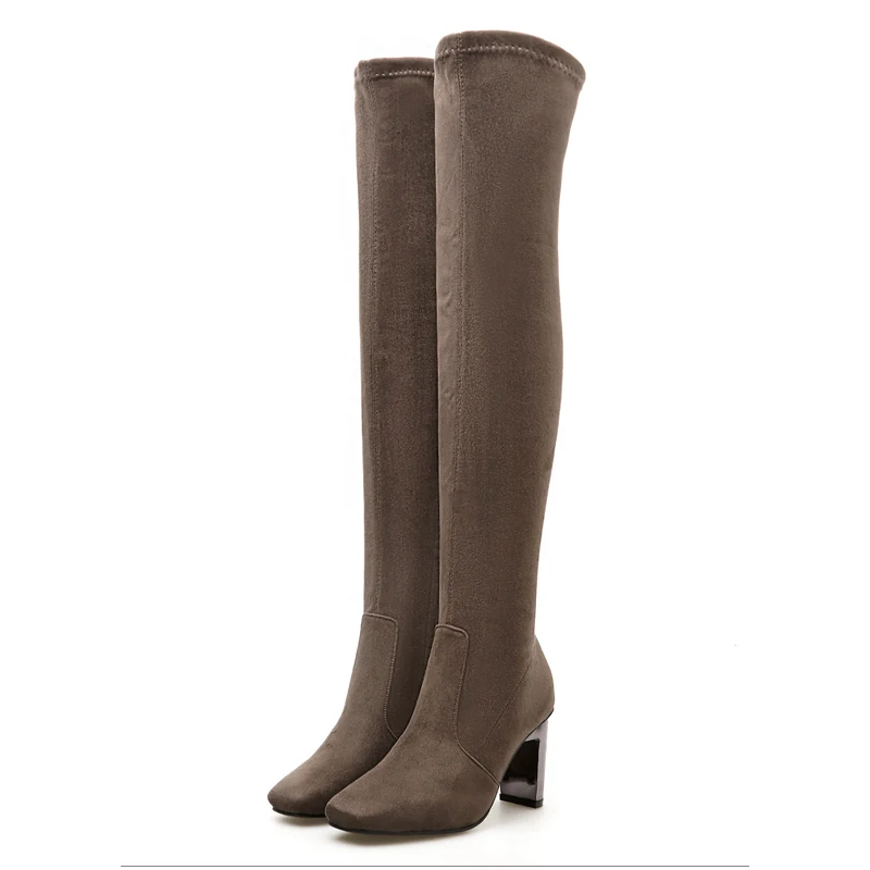 Khaki Wellwalk/высокие сапоги из эластичной ткани; женские ботфорты из искусственной замши на серебряном каблуке; женские эластичные высокие сапоги с острым носком - Цвет: Khaki
