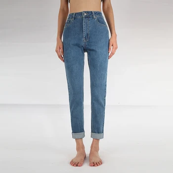 

Spring Summer Women High Waist Washed Blue Curled Cuffed Small Straight Jeans Women BEFR Flanging HW Boyfriend Jeans for Women