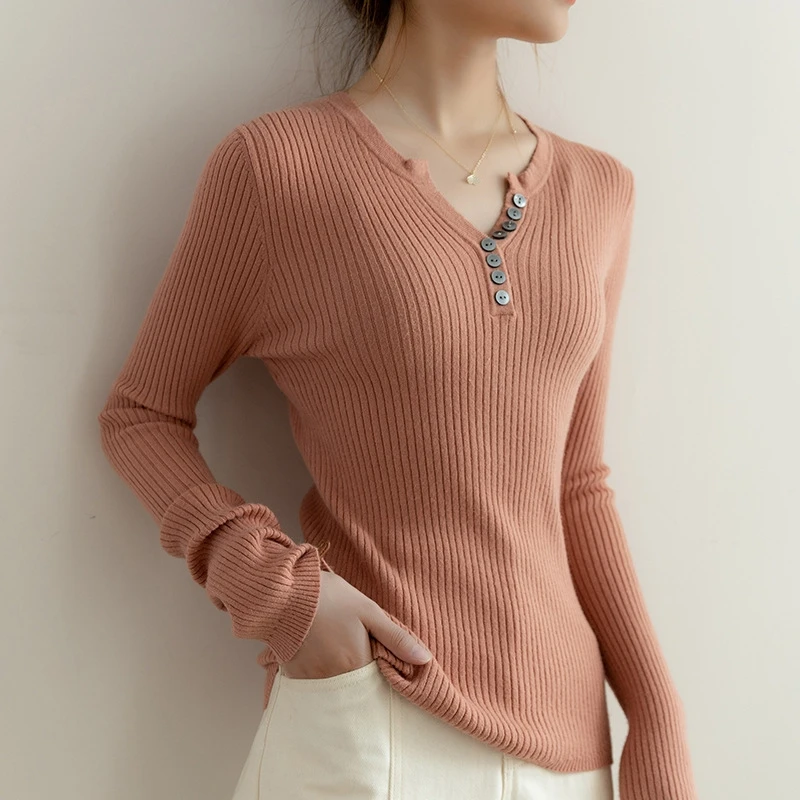 

2020 Autumn Winter New Round Collar Cashmere Sweater Women's Short Base Sweater V-Neck Slim Pullover Button Sweater Crop Tops