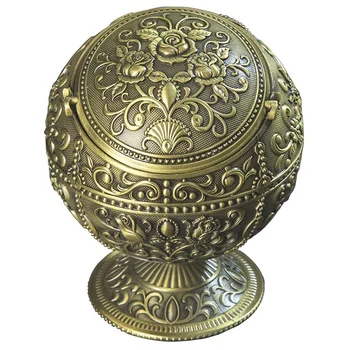 

European Style Retro Windproof Ashtray with Lid Metal Cigar Ashtray Hand-Pressed Pattern Ashtray Household Antique Gold