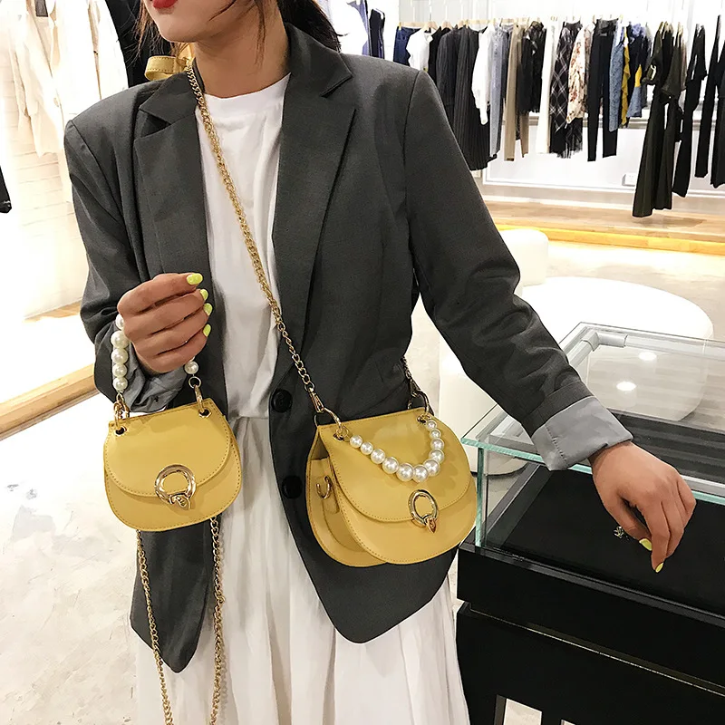 

Fashion texture chic bag women 2019 new Korean version of Joker simple Pearl portable casual slung small square bag