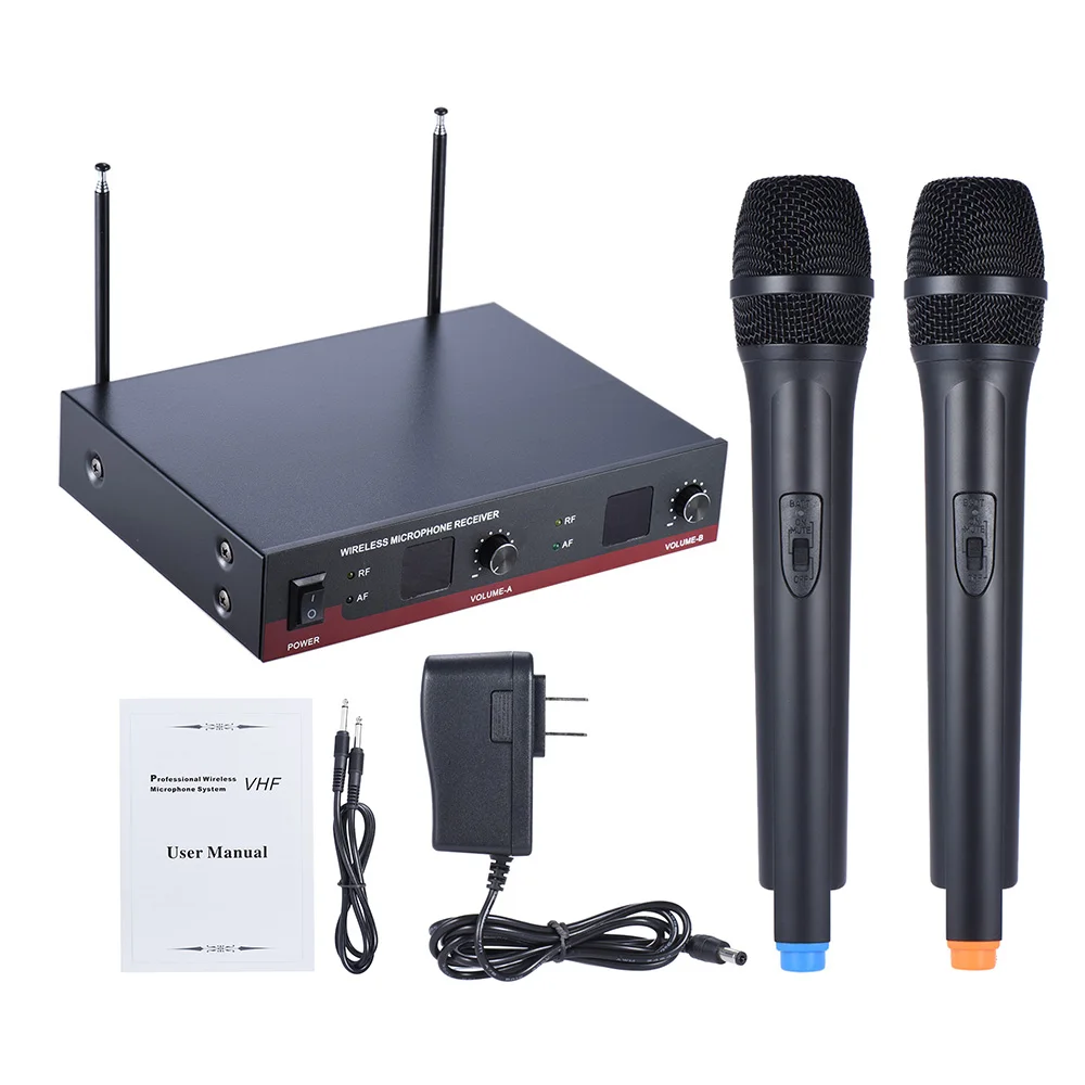 

Dual Channels Handheld VHF Wireless Microphone Mic System Including 2 Mics 1 Receiver with LCD Display Audio Cable Power Adapter