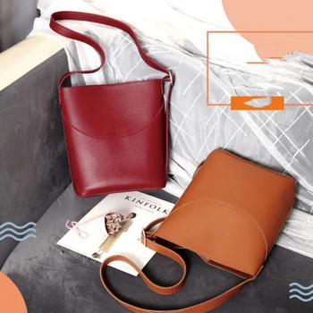 

Casual Bucket Women Handbag Large Capacity Shoulder Bags PU Crossbody Bag Solid Color Messenger Packages 2020 New