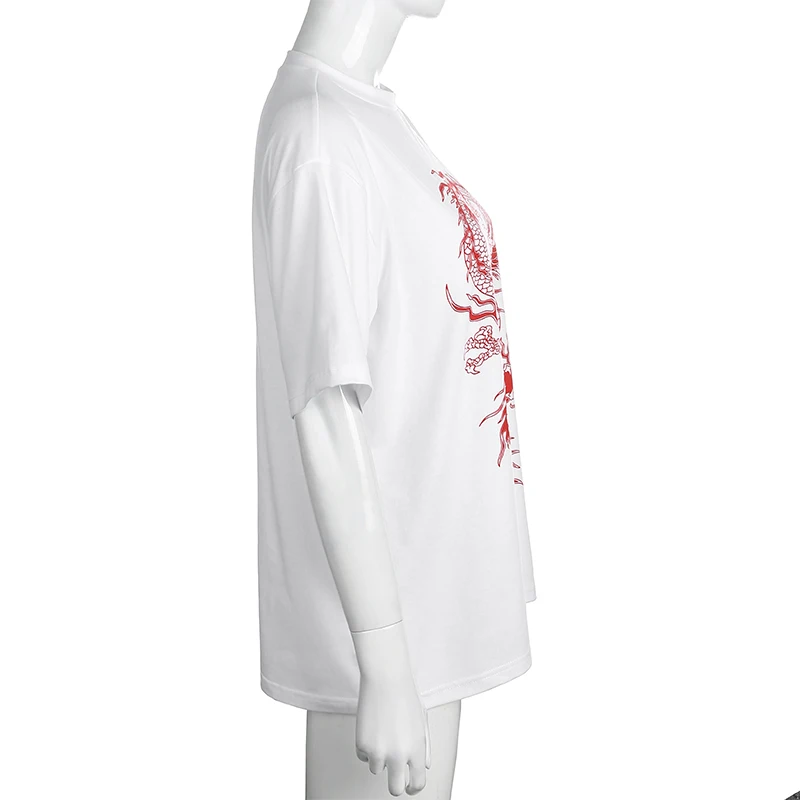 HEYounGIRL Casual Loose Oversized T Shirt Ladies Dragon Printed Short Sleeve Tee Shirt Women Black Streetwear T-shirts Cotton