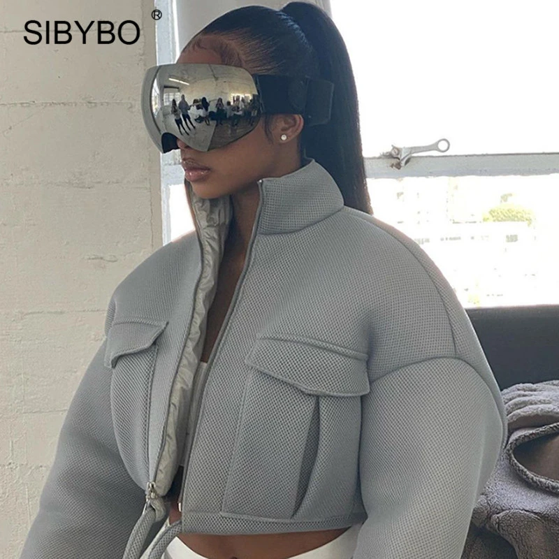 Женская укороченная сетчатая куртка Sibybo Повседневная Верхняя одежда с воротником под горло и карманами на