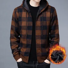 Thick Sweater 2021 Cardigan Autumn Korean Hooded and Men's with Knitted Sweater Coat Grid Jacket Male M-4XL clothes men hombre