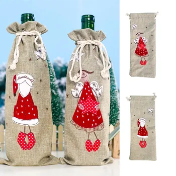 

Santa Claus Angle Wine Bottle Bag Drawstring Christmas Champagne Cover Linen Cloth Xmas Decoration Gift Wrap Pouch