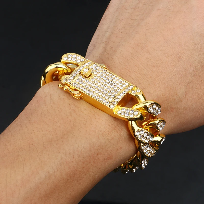 Мужской браслет со льдом в стиле хип-хоп, ожерелье, ювелирные изделия 18 мм, кубинское ожерелье, цепочка, ювелирные изделия, Золотые и Серебряные со стразами, CZ застежка Ювелирная