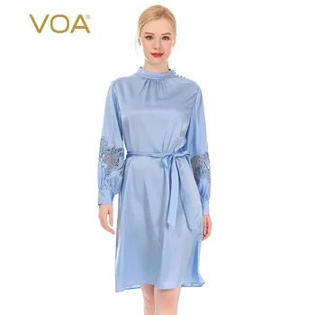 

VOA Satin Silk Half-Collar Decorative Button Cutout Lace Stitching Strap Waist Hugging Micro-Elastic Long-Sleeved Dress AX05