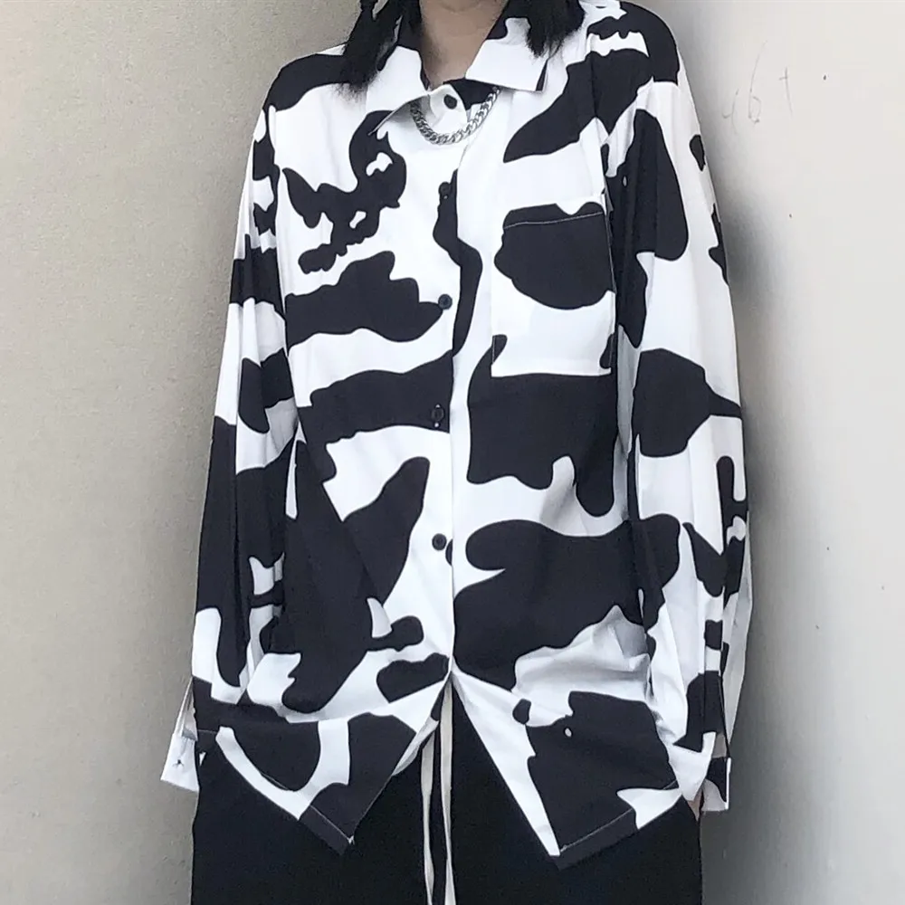 

Korean Autumn New Diablo Harajuku Shirt Vintage Cows Printing Full Sleeve Blouses Shirt Loose Streetwear Casual Blouses Shirt