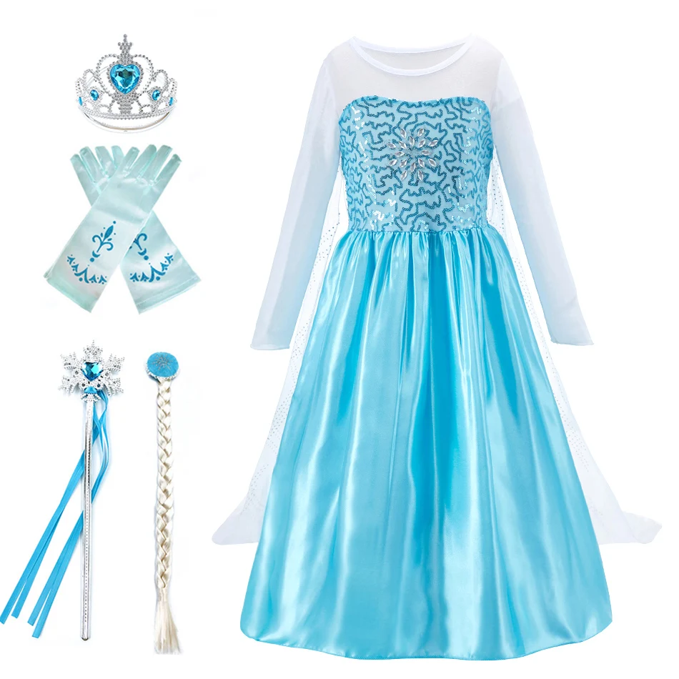 Girls Princess Dress Carnival Snow Queen Elsa Costume Children Fancy Girl Cosplay Party Long Gown Birthday Gift for Kids | Детская