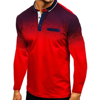

2019 Men's 3D Print T-Shirts Fashion Casual Gradient Print Pullovers Autumn Pattern Long-sleeved Lapel Shirts Male T-shirts