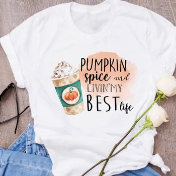 

Women Graphic Printing Coffee Pumpkin Autumn Fall Thanksgiving Halloween Clothes Lady Tees Tops Female T Shirt Womens T-Shirt