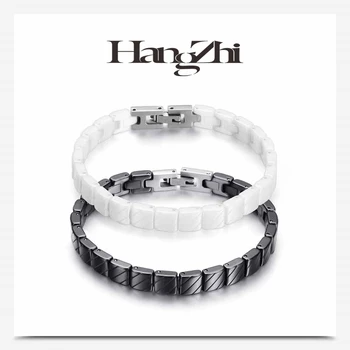 

HANGZHI 2020 New Cool Texture Punk Hip Hop Natural Opal Tungsten Steel Black/White Ceramic Bracelet Bangle For Women Men Jewelry