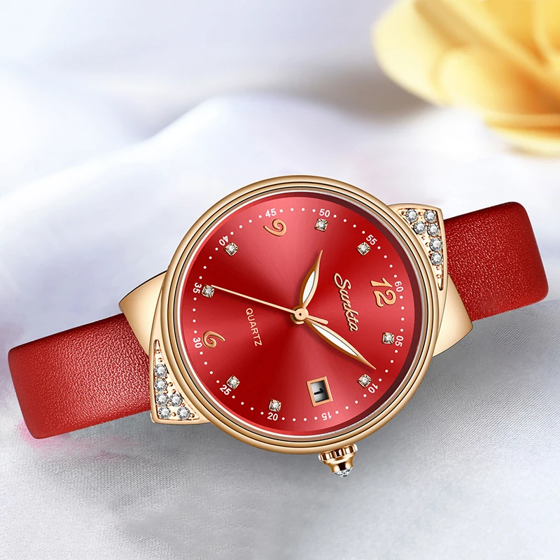 SUNKTA Red Watch Women Fashion Simple Quartz Watches Ladies Thin Leather Casual Female Wrist Watch Girl Clock Relogio Feminino