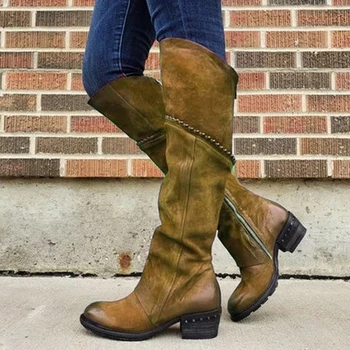 

MoneRffi 2020 New Fashion Women Over Knee Boots Girl Women Round Head Female Boots Frenulum Square Heels Boots Cowboy Boots