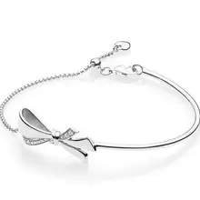 Аутентичный 925 пробы серебряный браслет Блестящий бант шаровая застежка регулируемый браслет подходит для женщин шарик шарм Diy ювелирные изделия