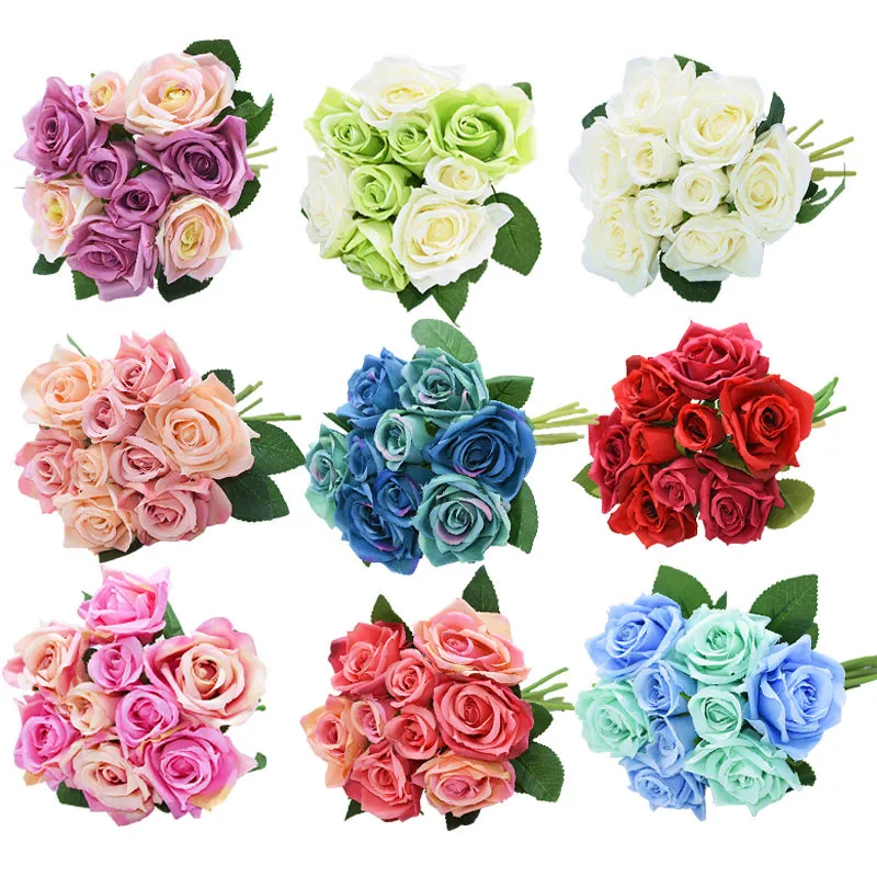 9Heads Artificial Rose Bouquets Silk Fake Flowers For Wedding Bride