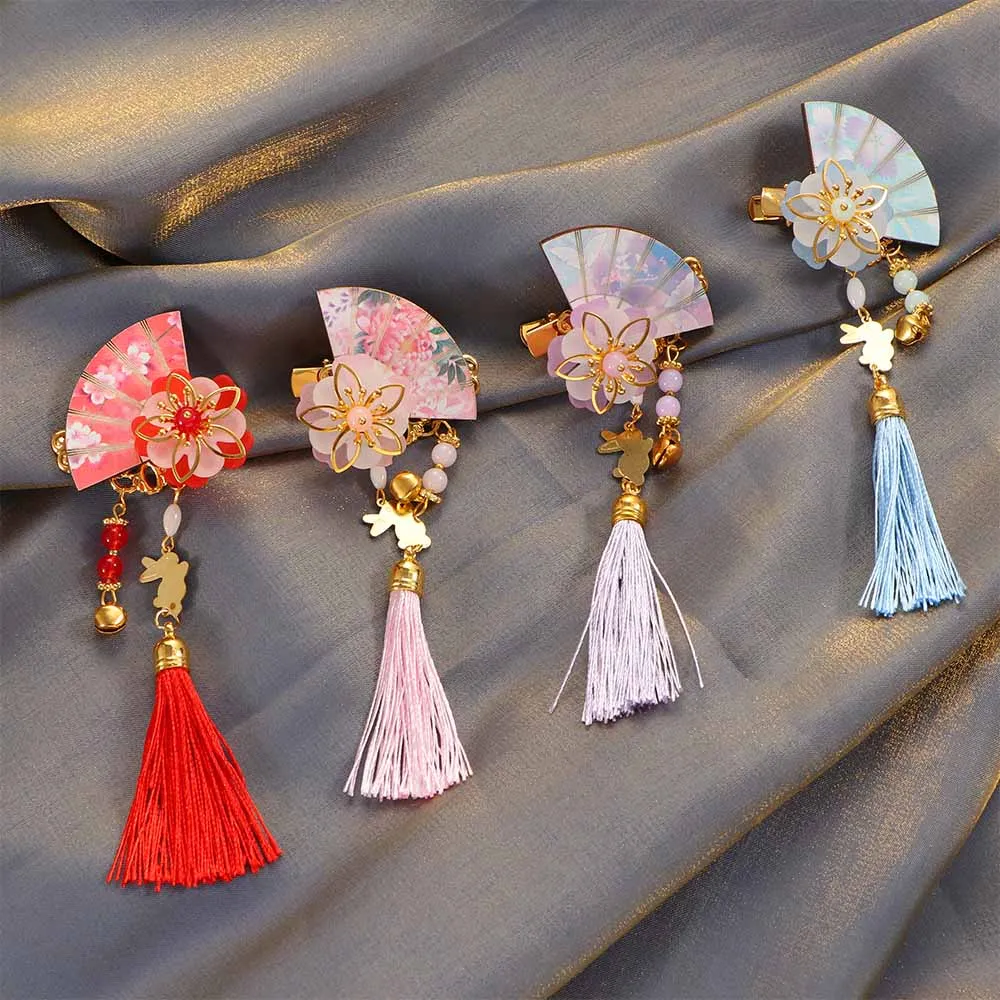 

Chinese Traditional Hairpins Fan-shaped Tassels Girls Hair Clip Handmade Floral Barrette Jewelry Accessories