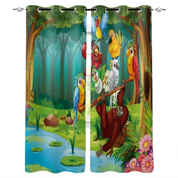

Parrot Woods Bird Cartoon Pattern Window Curtains Polyester Fabric Living Room Curtain Home Decor