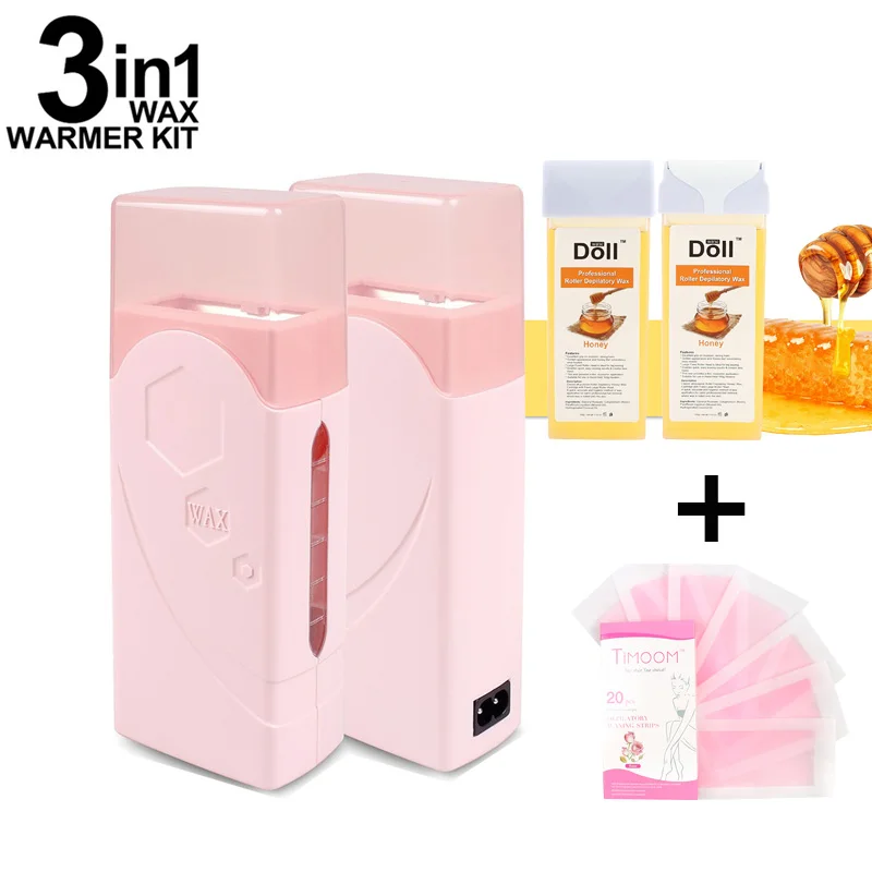 018B-Pink Sets Мини-ролик для депиляции, 20 шт., наклейки, 100 г, роликовый нагреватель для воска, портативная восковая машина, Электрический нагреватель для плавления воска, удаление волос - Цвет: 018B-Pink Sets