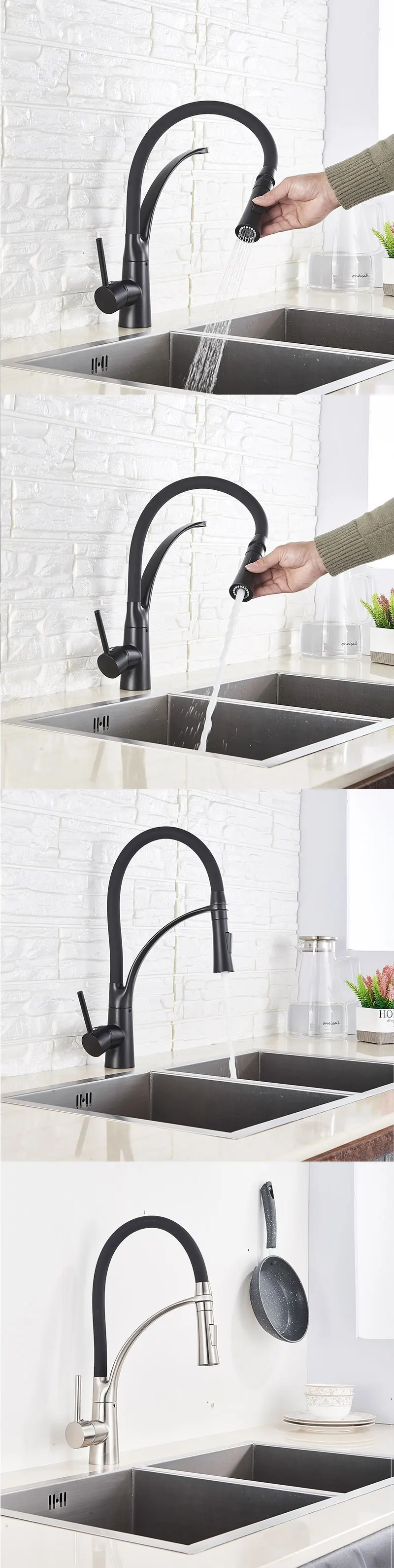 Black Chrome Finish Kitchen Faucet Deck Mount Pull Sprayer Nozzle Hot & Cold Water Kitchen Sink Faucet Mixer Taps