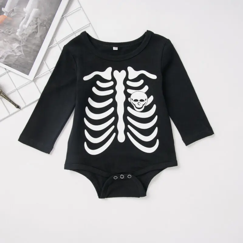 0-24M Halloween Baby Costumes Newborn Infant Boys Girls Long Sleeve Skull Romper Long Sleeve Funny Jumpsuit Black Autumn Spring