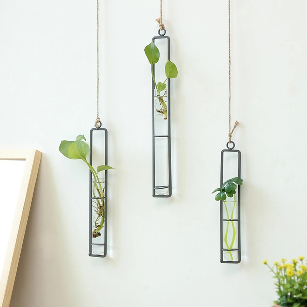 

Creative Wall Hanging Flower Vase Iron Glass Hydroponics Planter Pot Transparent Hanging Flower Bottle Home Ornament Decoration
