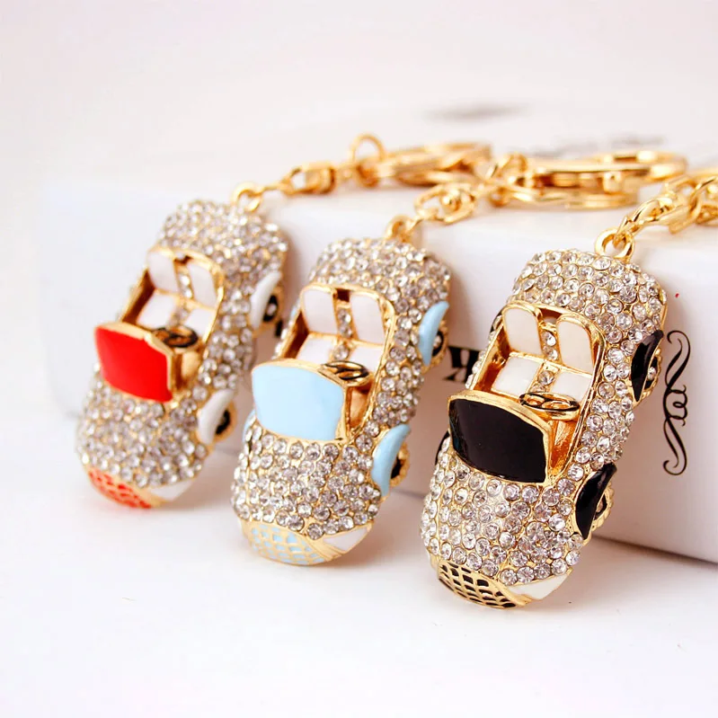 

High Quality Cute Enamel Alloy Rhinestone Car Pendant Keychain Gold Tone Metal Lobster Clasp Key Rings 3pcs/Lot