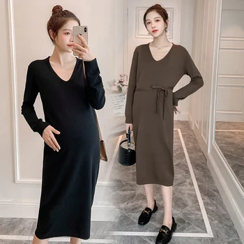 

081# Autumn Winter Thick Warm Knitted Maternity Nursing Long Dress Ties Waist Slim Loose Clothes for Pregnant Women Pregnancy