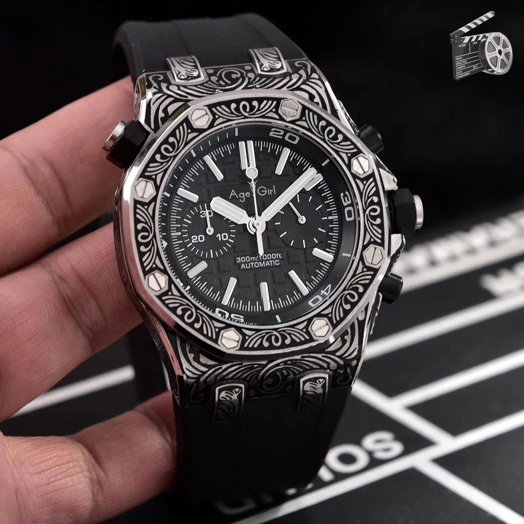 

Luxury Brand New Chronograph Men Stopwatch Sapphire Rose Gold Sculpture Case Stainless Steel Black Rubber Sport Limited Watches