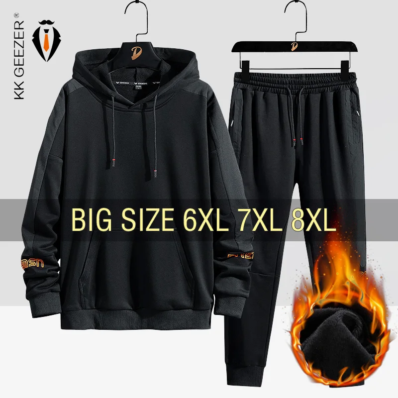 Hoodies Set Tracksuit 8xl Fleece 6XL Sweatshirts Pants Sportswear Black Winter Men 5XL