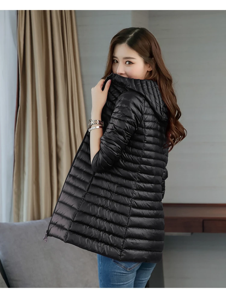 Winter Long Sleeve Thin Mid-length Slim Fit White Duck down Jacket Fashion Elegant Korean-style Cotton Overcoat