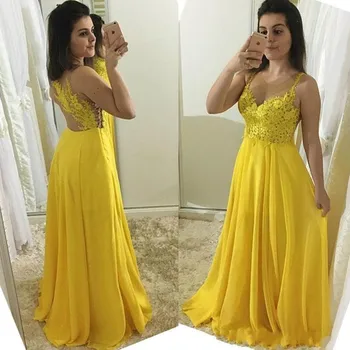 

Yellow Chiffon Prom Dresses 2020 Newest Spaghetti Straps Illusion Back Lace Applique Floor Length Custom Made Evening Gown