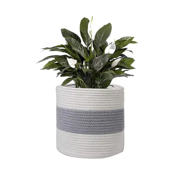

Modern Indoor Planter Home Decor Storage Spliced Cleaning Foldable Cotton Blend Rope Round Woven Plant Basket Laundry Bin Floor