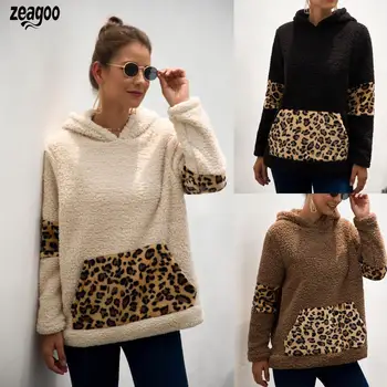 

Women Fashion Hooded Plush Leopard Patchwork Pullover Slim Autumn Sweatshirt Casual Pockets Hoodies patchwork