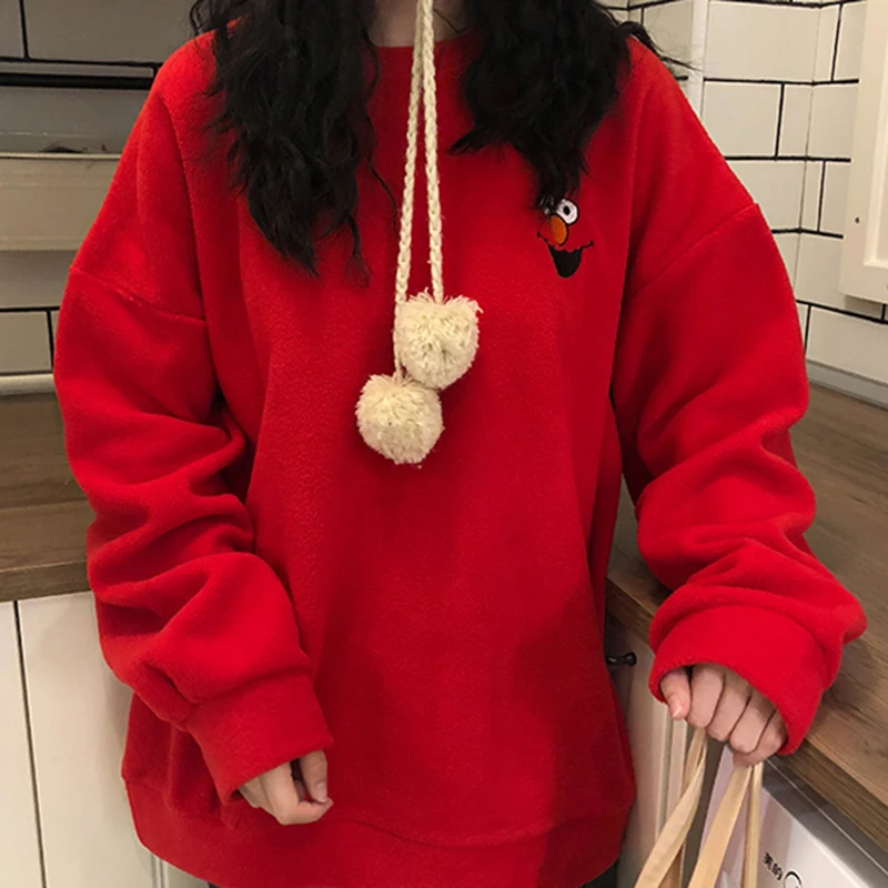 Ulzzang kawaii Harajuku милый зимний нагрудный Свободный пуловер с вышивкой и круглым вырезом Повседневная Женская толстовка большого размера - Цвет: Красный