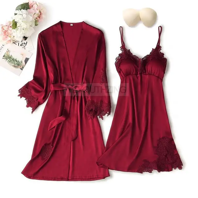 Pajama Set Women Lace Trim Satin Sleepwear Pyjamas Pour Femme Summer Nightwear With Pants Casual Home Wear Kimono Robe Gown PJS Burgundy C