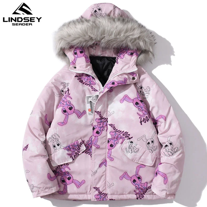 

LINDSEY SEADER Men's Winter Warm Jacket Thick Cotton Liner Coat Hat with Faux Fur Zipper Windbreaker Women Streetwear Clothing