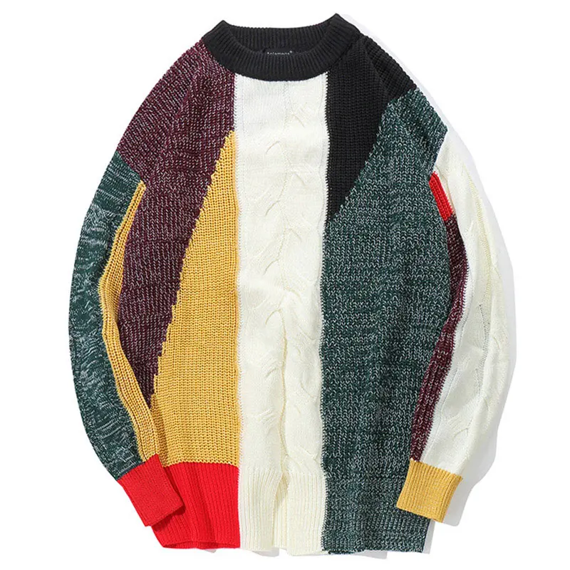 

Sweater Men Striped Patchwork Mens Pullover Knitting Slim High Street Sweaters Fashion Knitted Male couple Sweater Streetwear