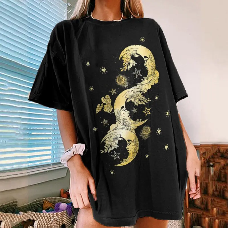 Capricorn Star Sky Print T-shirts Woman Summer Casual Loose Graphic Gothic Letter Short Sleeve O Neck Y2k Harajuku Shirt Tee Top t shirt oversize