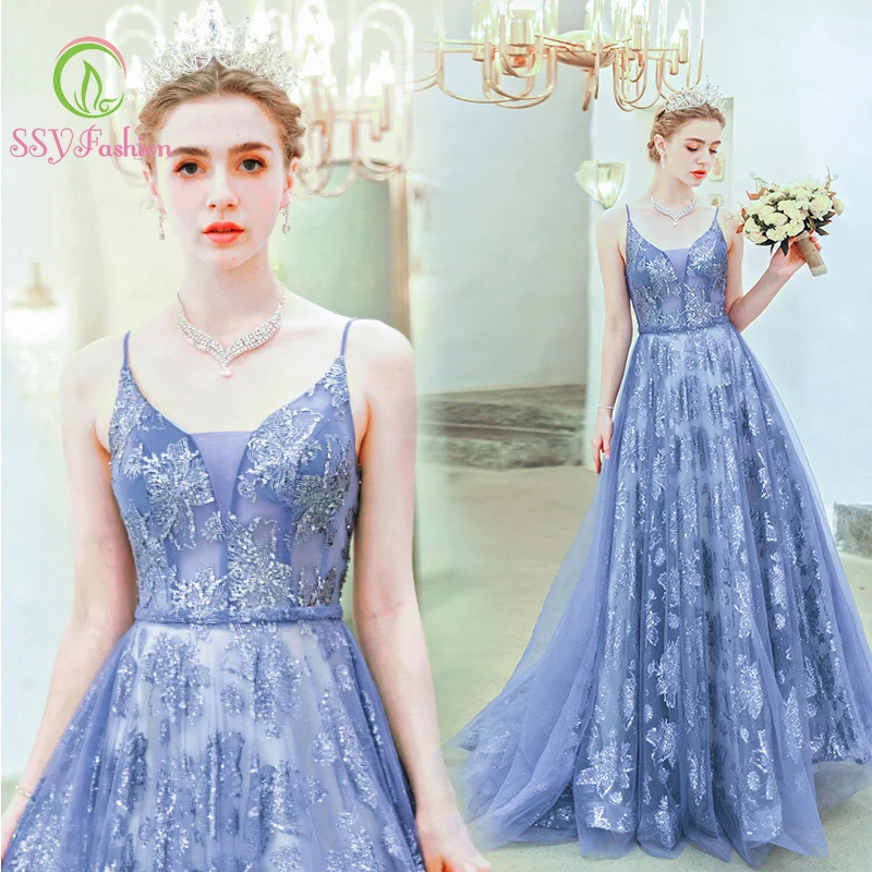 SSYfashion длинное голубое вечернее платье без рукавов со шнуровкой сзади в пол для