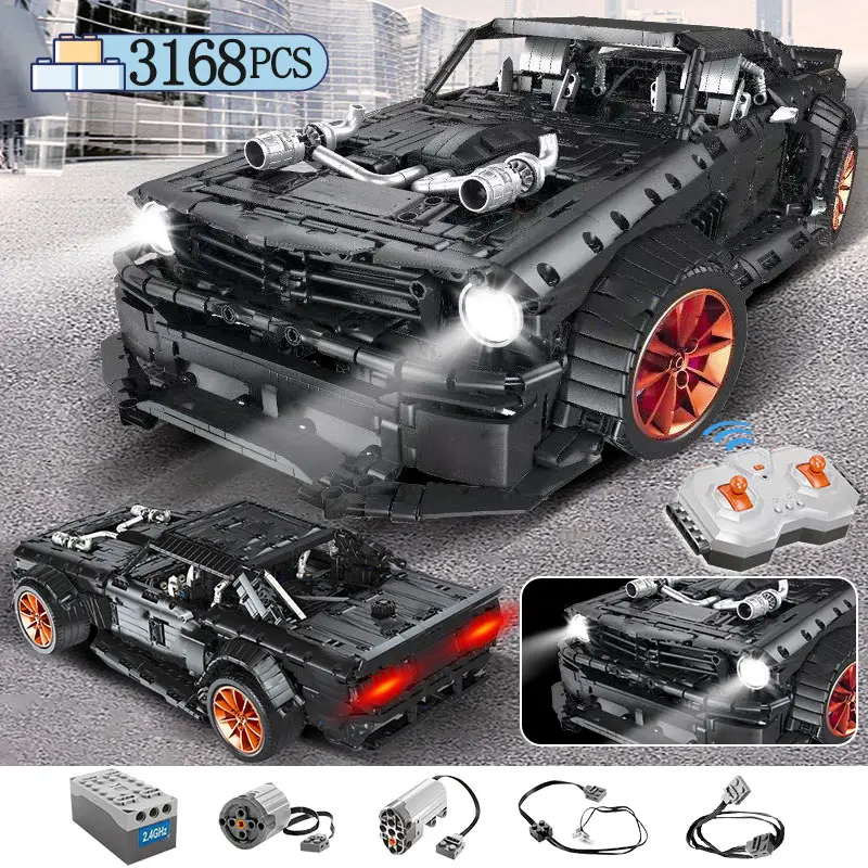 Baratos 3168 Uds MOC RC Ford Mustang Hoonicorn RTR V2 modelo bloque Legoing técnica de carreras de coche Led ladrillos juguetes para los niños