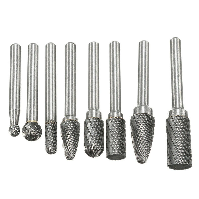 8Pcs Shank Double Cut Tungsten Steel Rotary File Bit Set For Die Grinder Carving Cylindrical Shape Abrasive Tools