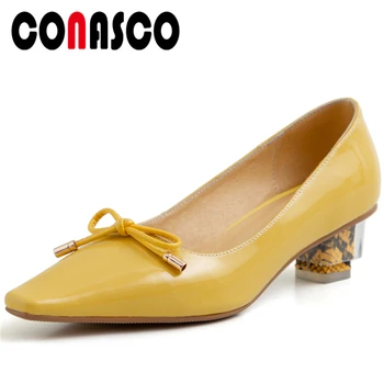 

CONASCO New Patent Leather Woman Pumps Concise Casual Office Fashion Spring Summer Butterfly Knot High Heels Shallow Shoes Woman
